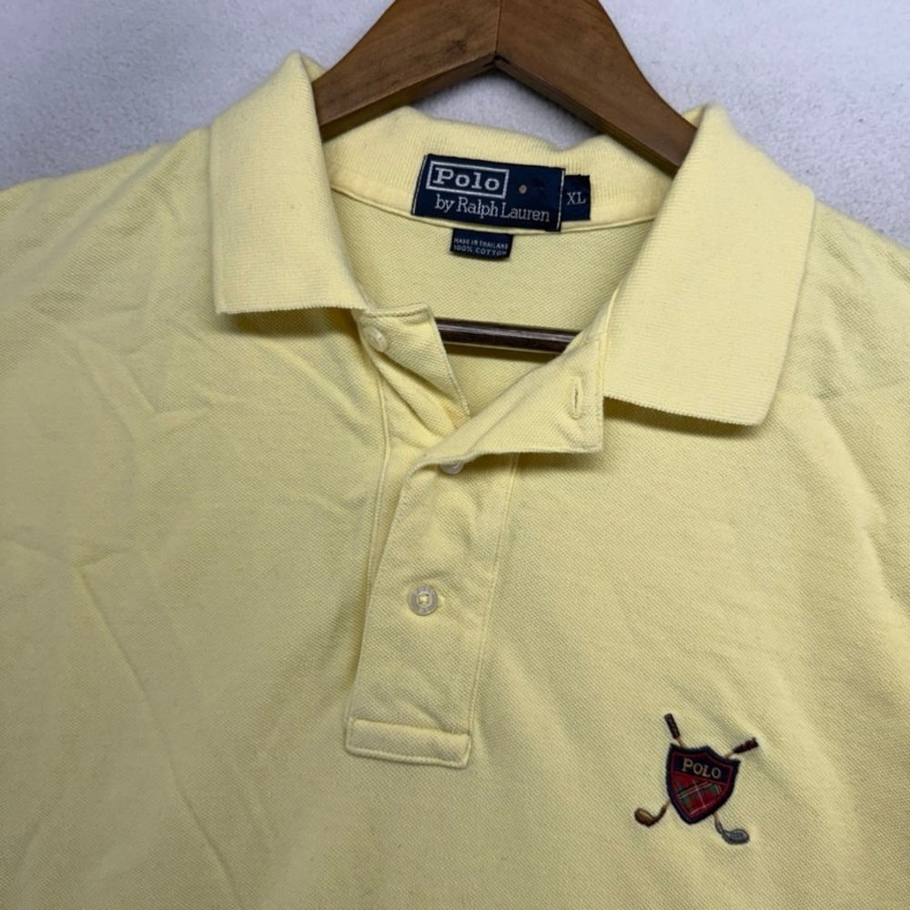 Vintage Ralph Lauren Polo Shirt Mens XL Yellow Pale Crest Golf Clubs Preppy 90s